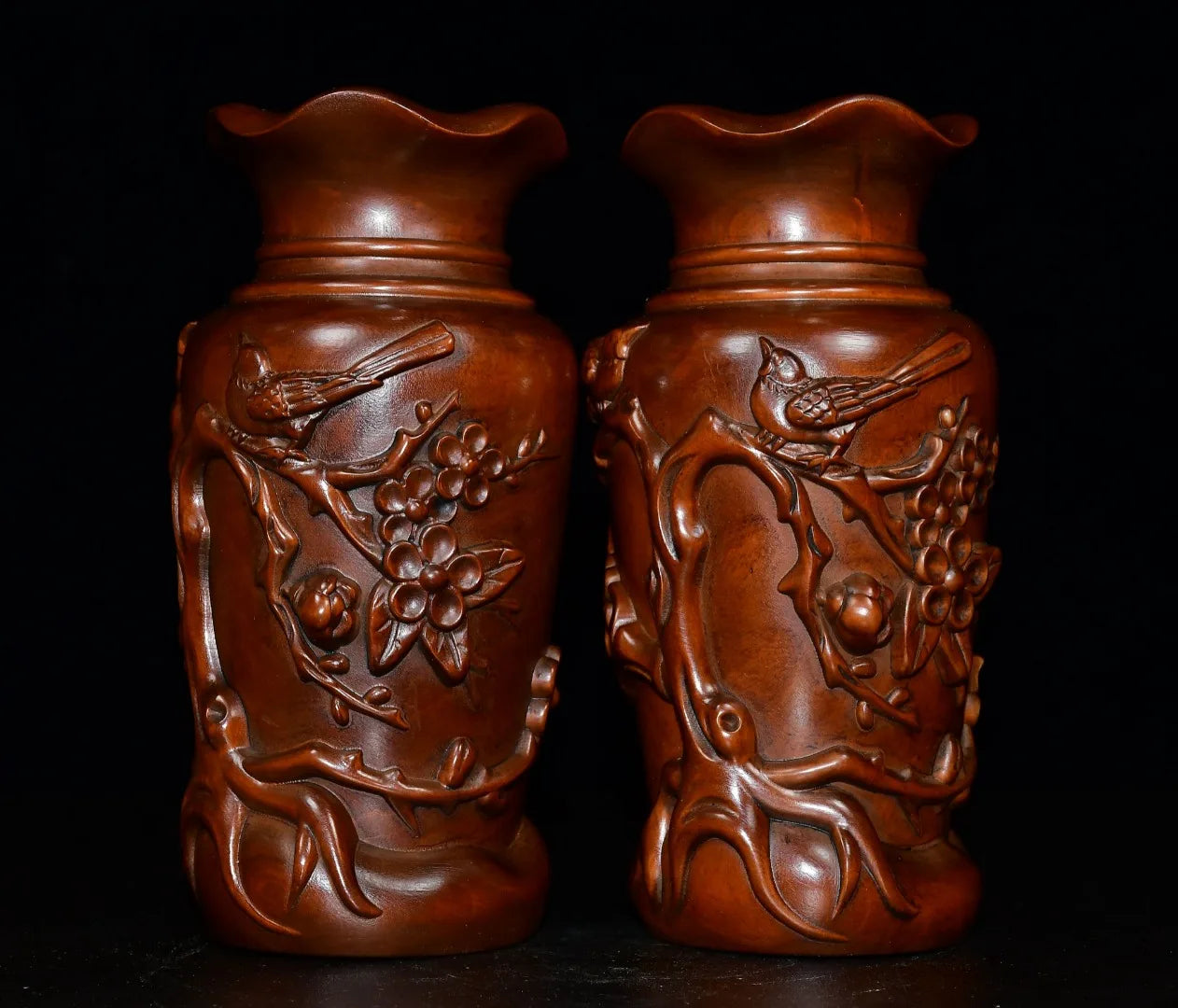 6"Tibetan Temple Collection Old Boxwood Magpie and Plum Blossom Pattern Vase  A Pair Amass wealth Ornaments Town house