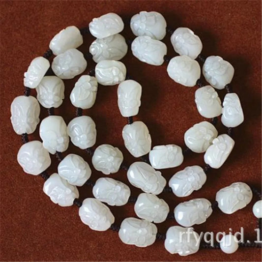 Hetian Eighteen Arhats Green and White Jade Bead Necklace