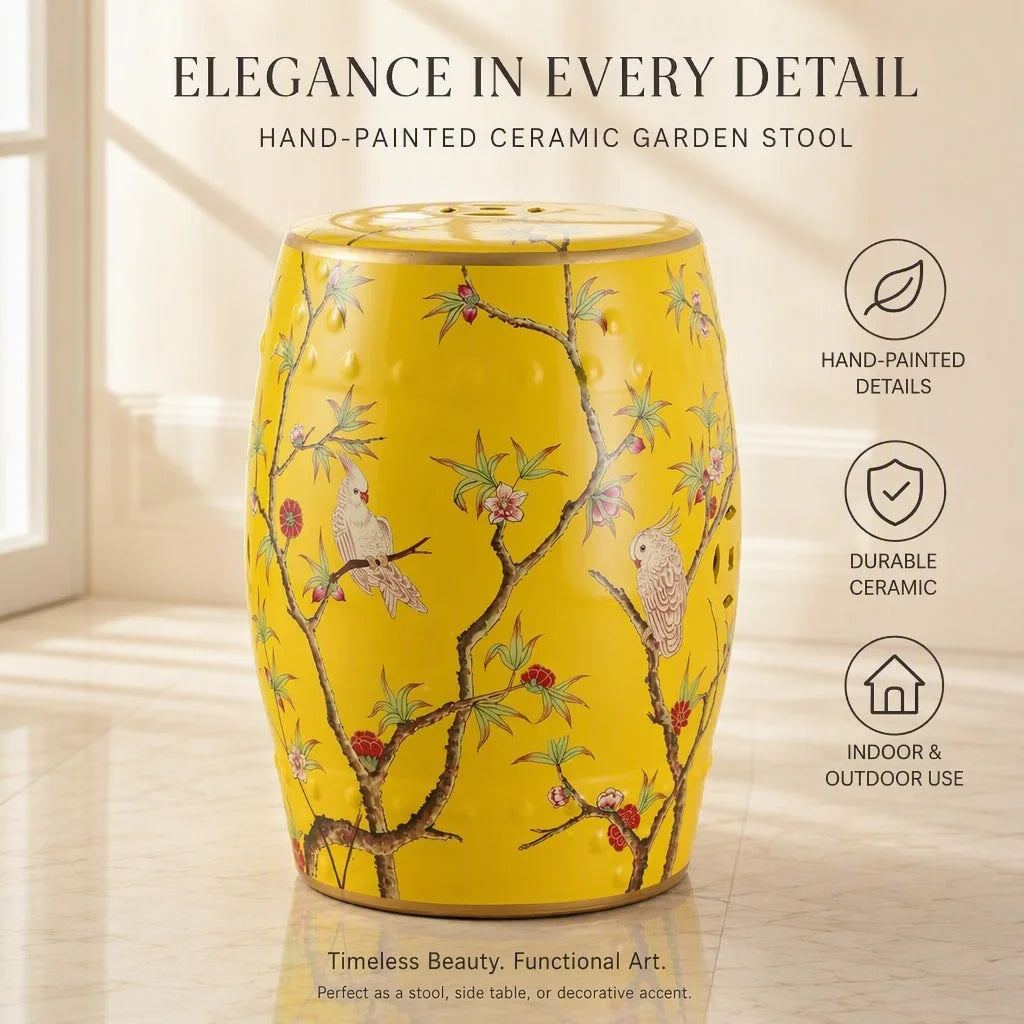 Hand-Painted Ceramic Drum Stool with Floral Bird Motif – Porcelain Oriental Accent Ottoman for Living Room or Entryway