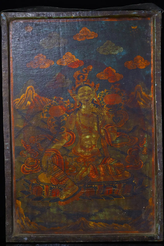 Tibetan White Tara Thangka on Bodhi Root Wood (23")