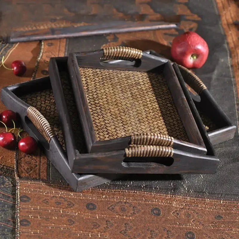Southeast Asian Wooden Storage Tray - Handicraft Rattan Tea Tray for Water Cups and Tea Cups