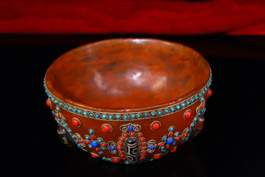Tibetan Crystal Mosaic Gem gZi Bead Buddha Bowl (5")