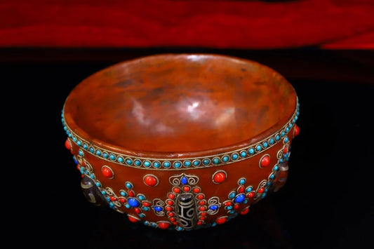 Tibetan Crystal Mosaic Gem gZi Bead Buddha Bowl (5")