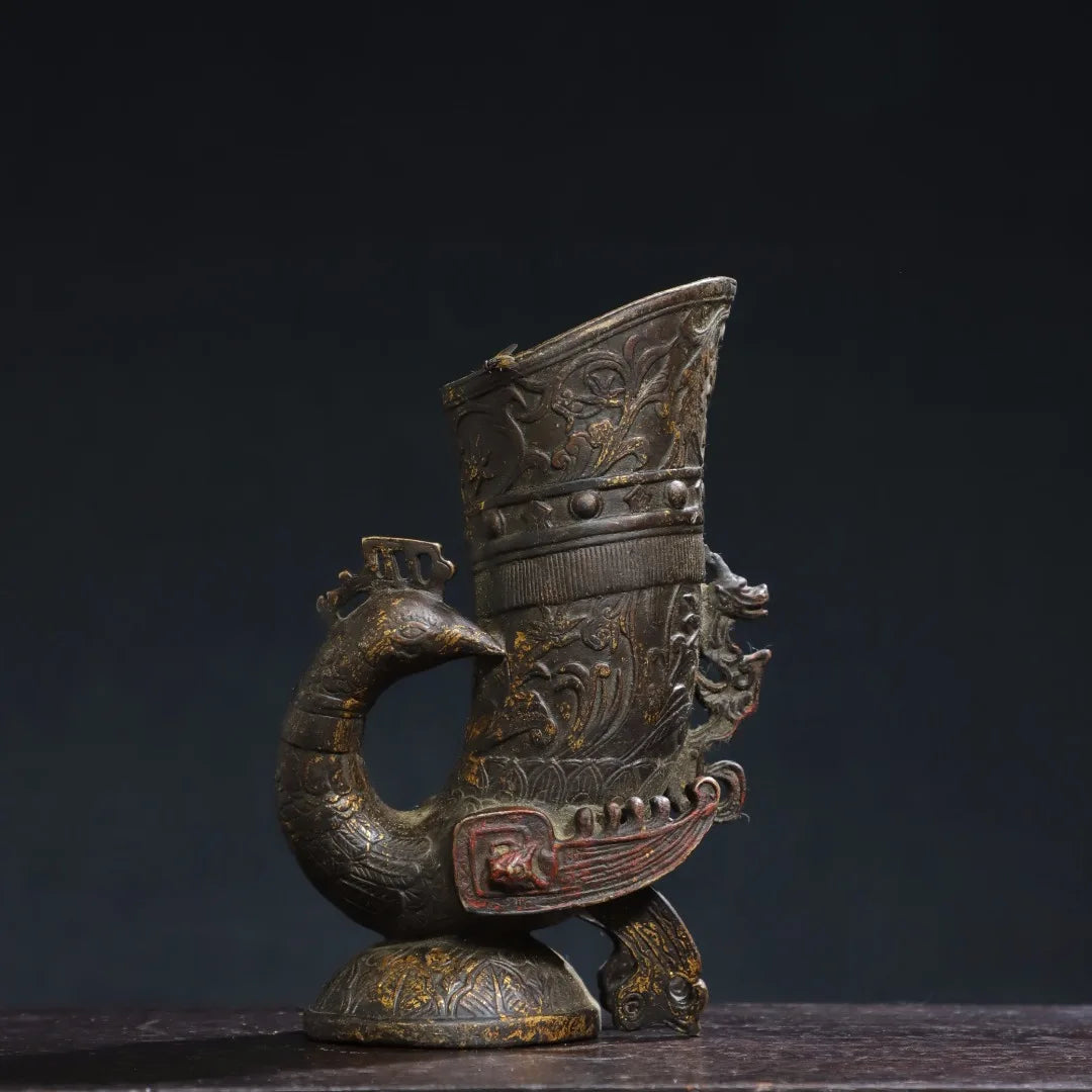 6" Tibetan Temple Collection Old Bronze Cinnabar Mud-Gold Phoenix Wine Cup / Jug
