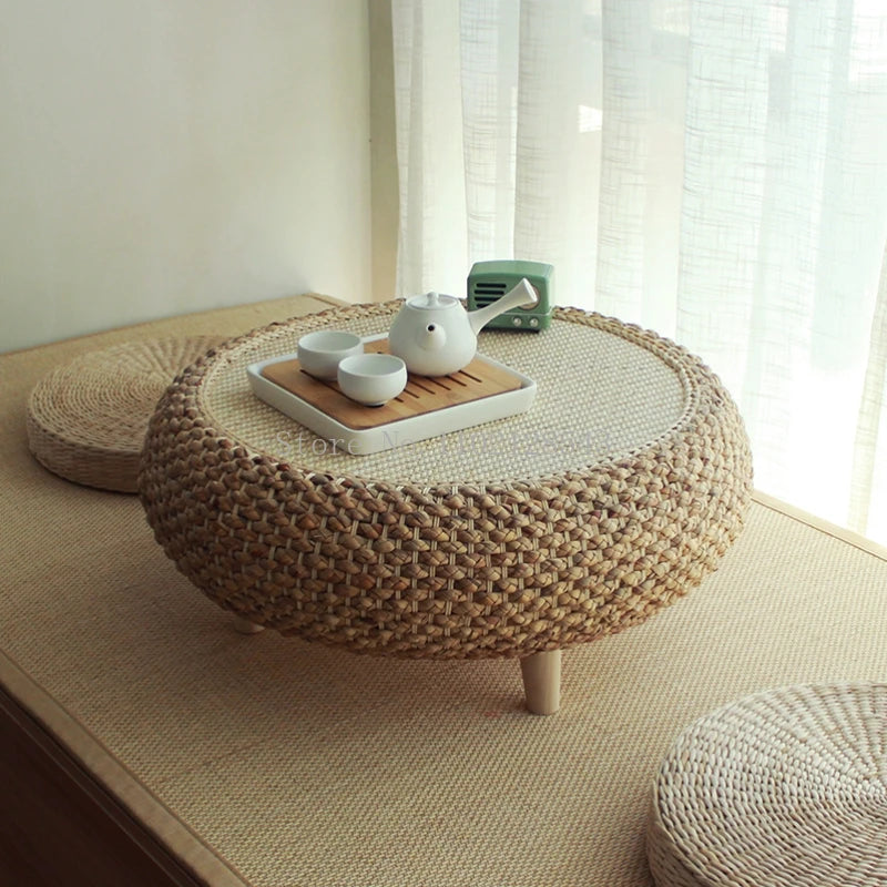 Japanese Woven Straw Floor Table | Low Bay Window Tea Table