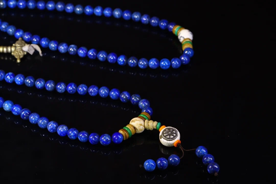 34" Tibetan Temple Collection Old Natural Lapis Lazuli 108 Buddha Beads
