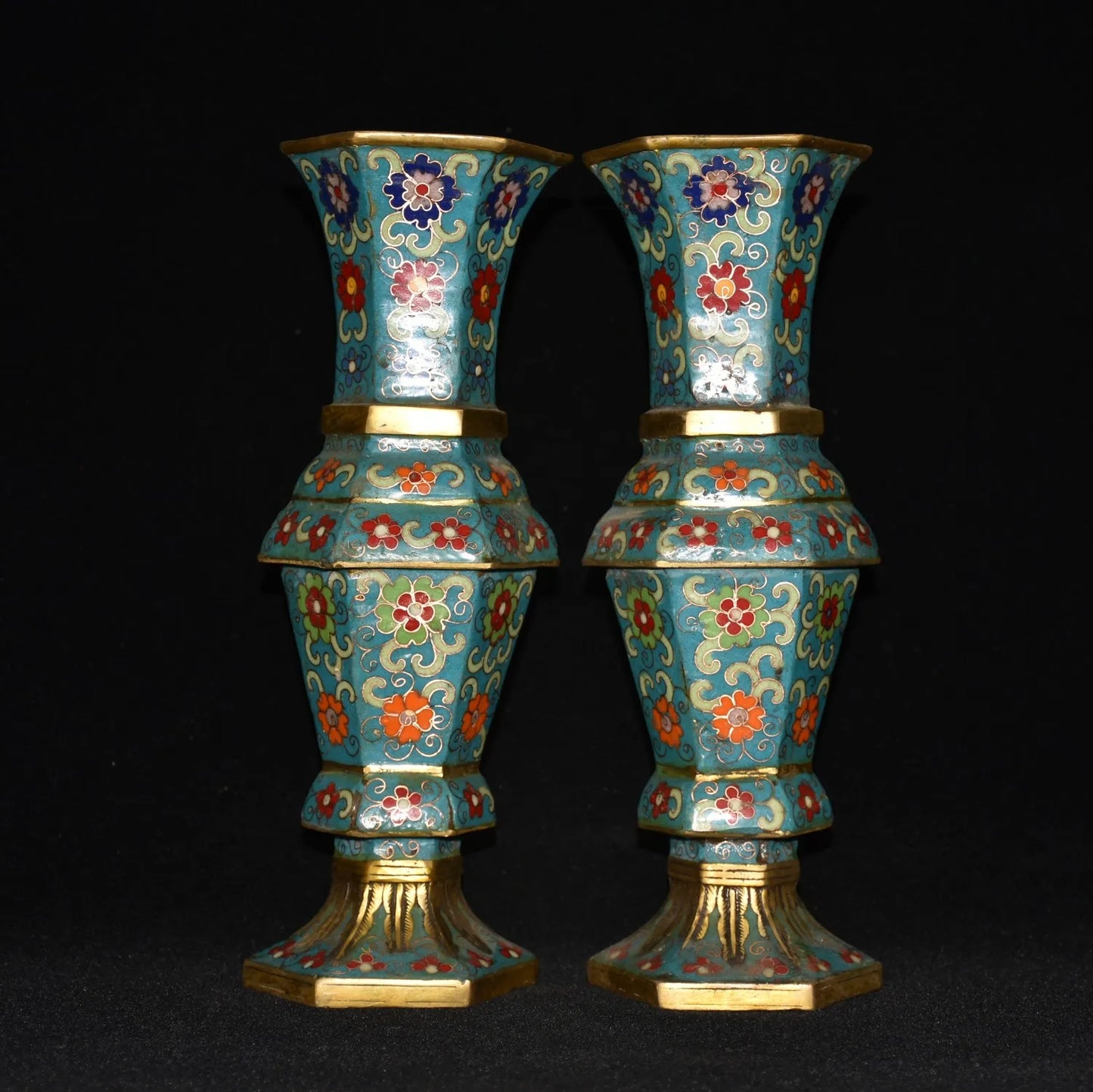 Bronze Cloisonné Hexagonal Bottle Vases (Pair) – Temple Office Ornaments