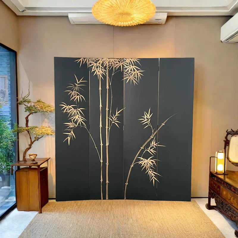 Hand-Painted Golden Bamboo Black Lacquer Folding Screen | 4-Panel Room Divider