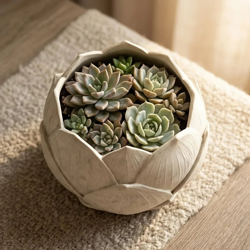 Creative Lotus Flower Resin Planter Pot – Zen Succulent & Cactus Window Sill Pot with Drain Hole