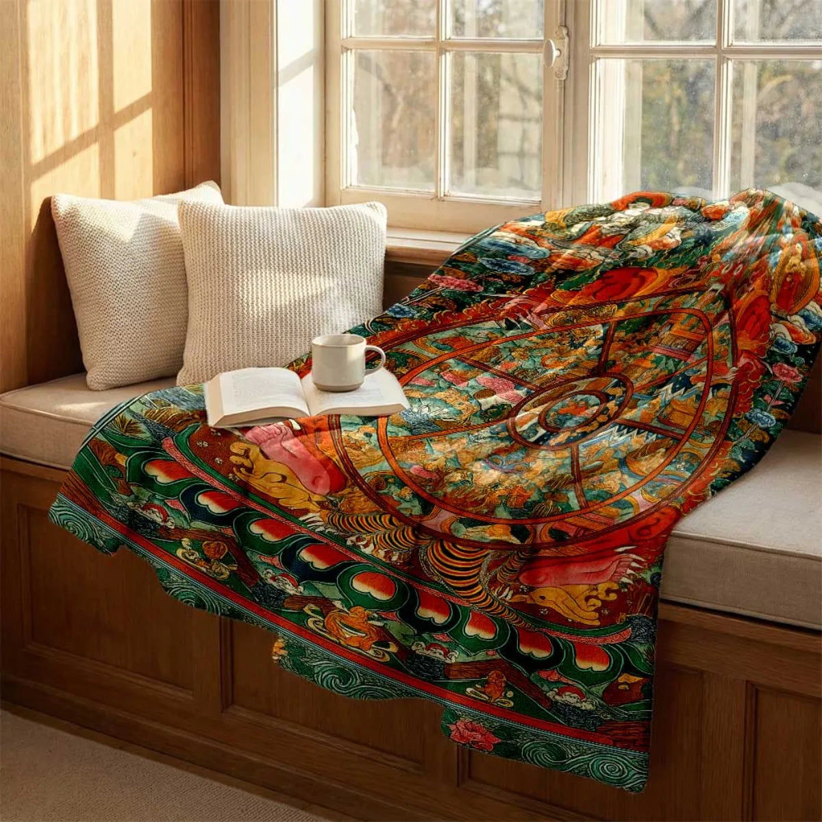 Tibetan Thangka Wheel of Life (Bhavachakra) Flannel Blanket – Sacred Buddhist Art Throw