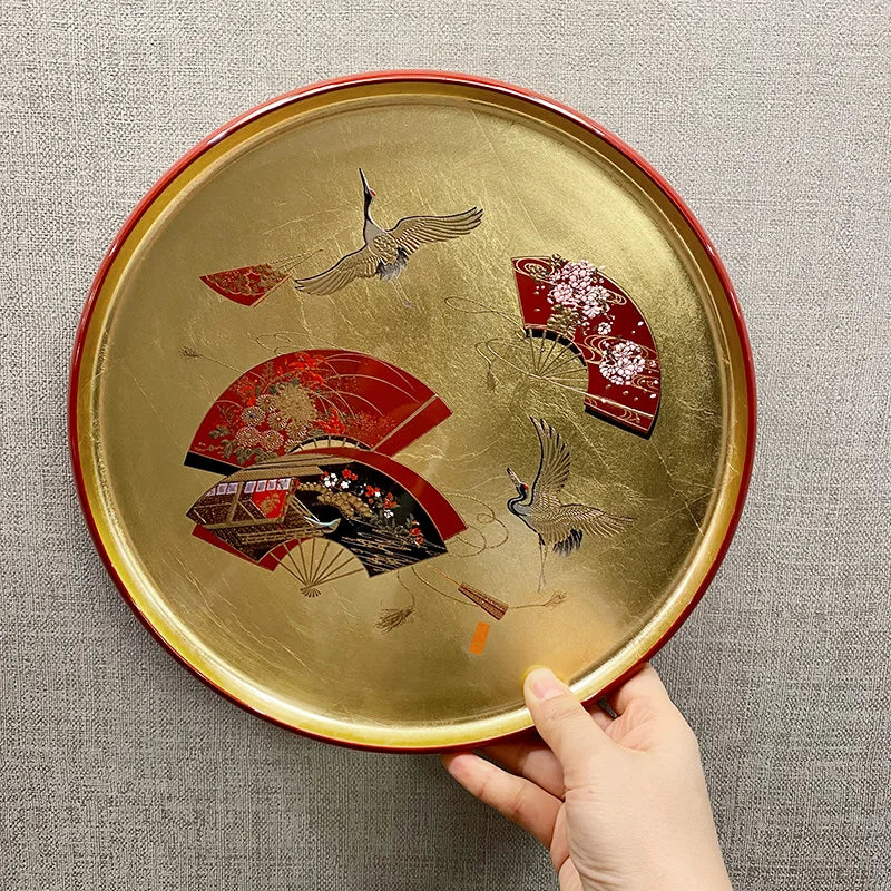 Handgemachtes rundes Tablett mit Goldfolie im japanischen Stil, Teeteller, Obstteller, Berg-Lackkunsthandwerk, Essgeschirr