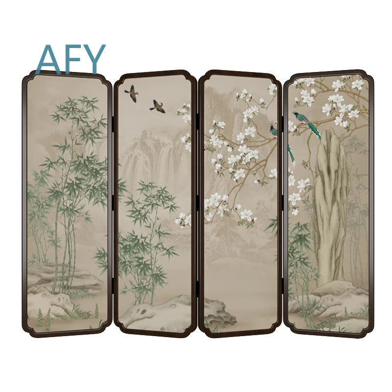 Zen Wood Folding Screen Partition | Floral & Bird Room Divider