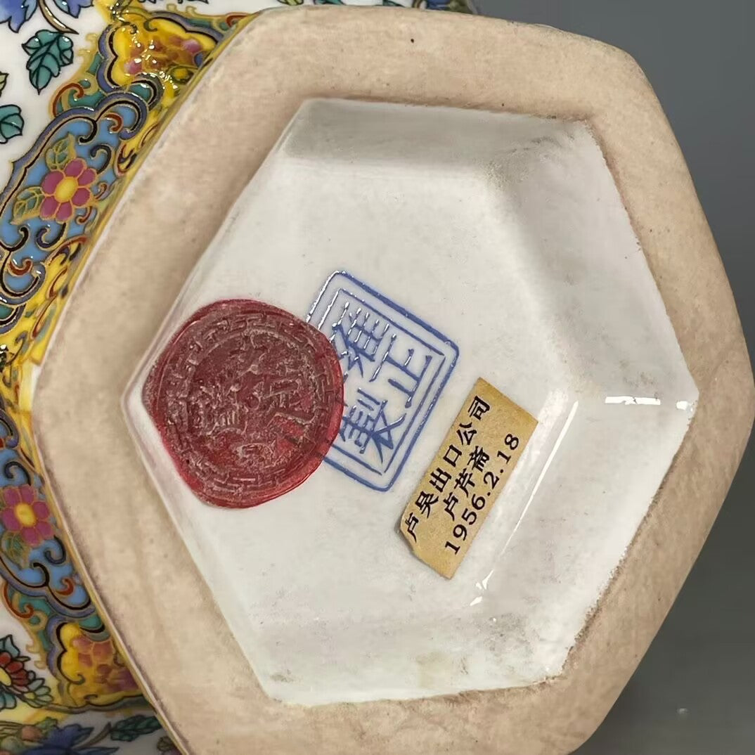 Ceramic Vase with Enamel Flowers and Birds