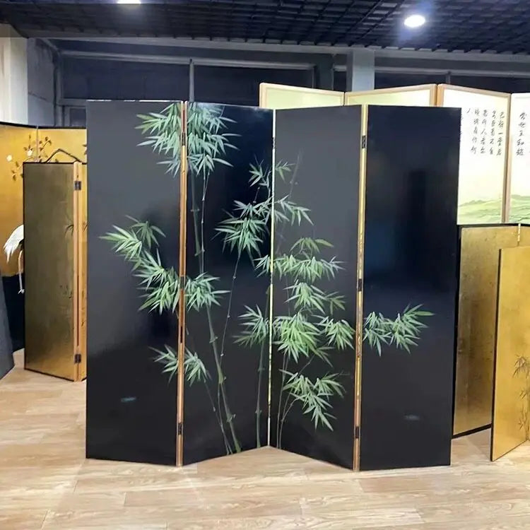 Hand-Painted Golden Bamboo Black Lacquer Folding Screen | 4-Panel Room Divider