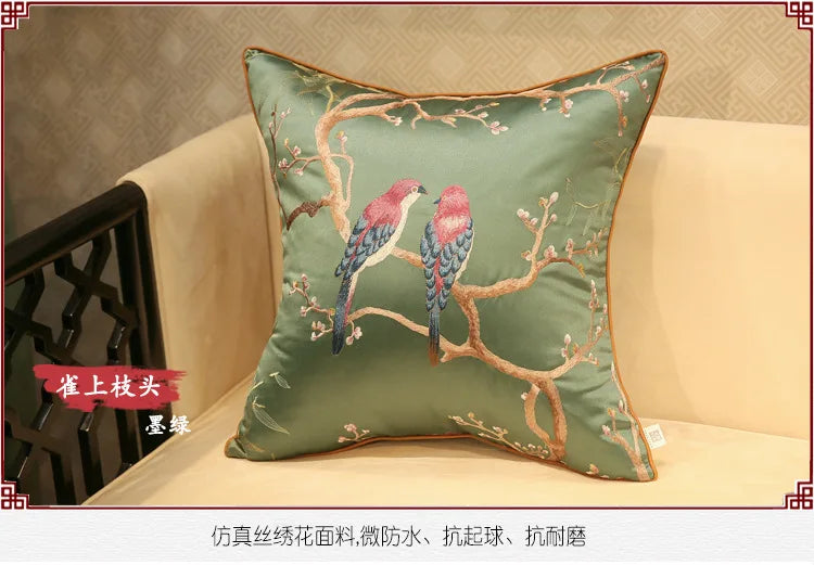 Chinese-Style Sparrow Embroidered Cushion Cover – Blackish-Green Throw Pillow Case