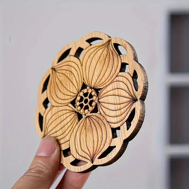 Carved Lotus Wooden Coasters | Natural Wood Tea & Coffee Cup Mats