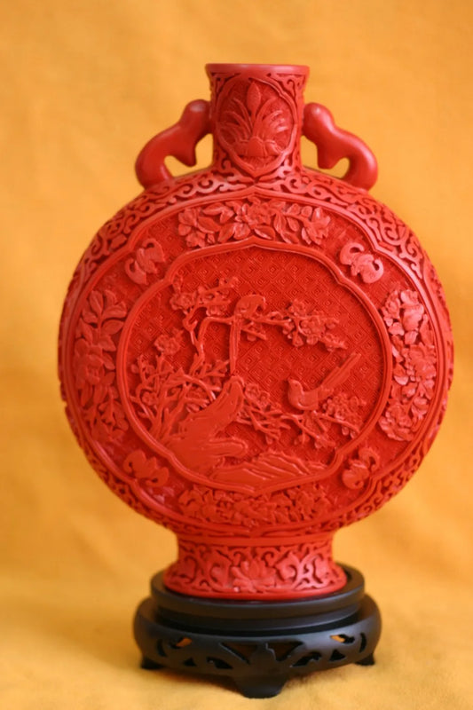 11 Zoll rote Lackvase mit Blumen- und Vogelmotiv – Glücksbringer – Asiatische Heimdekoration