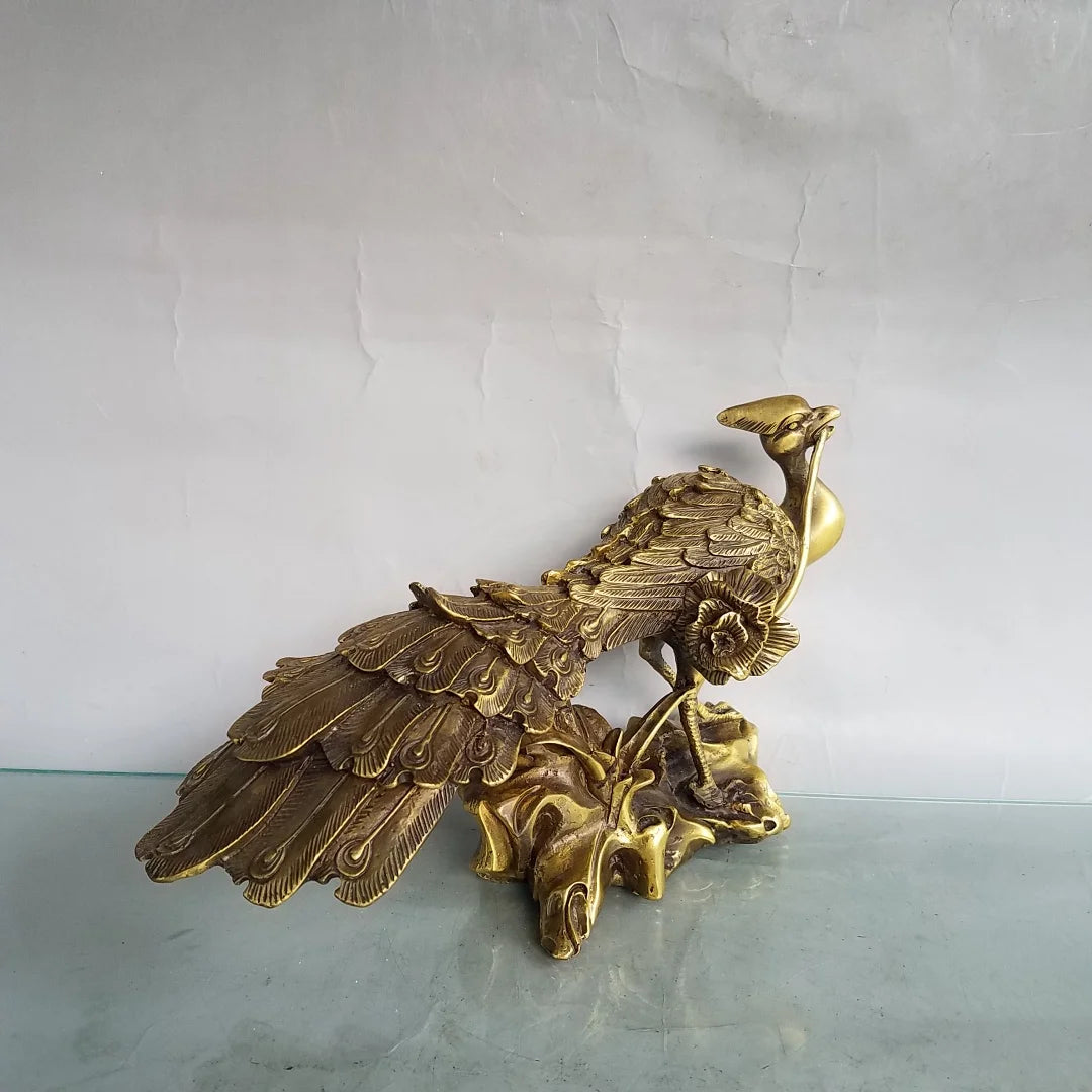 Tibetan Brass Phoenix with Lotus Statue (10")