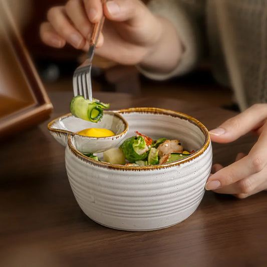 Japanese Ceramic Salad Bowl with Integrated Dip Cup – Reactive Glaze Serving Bowl