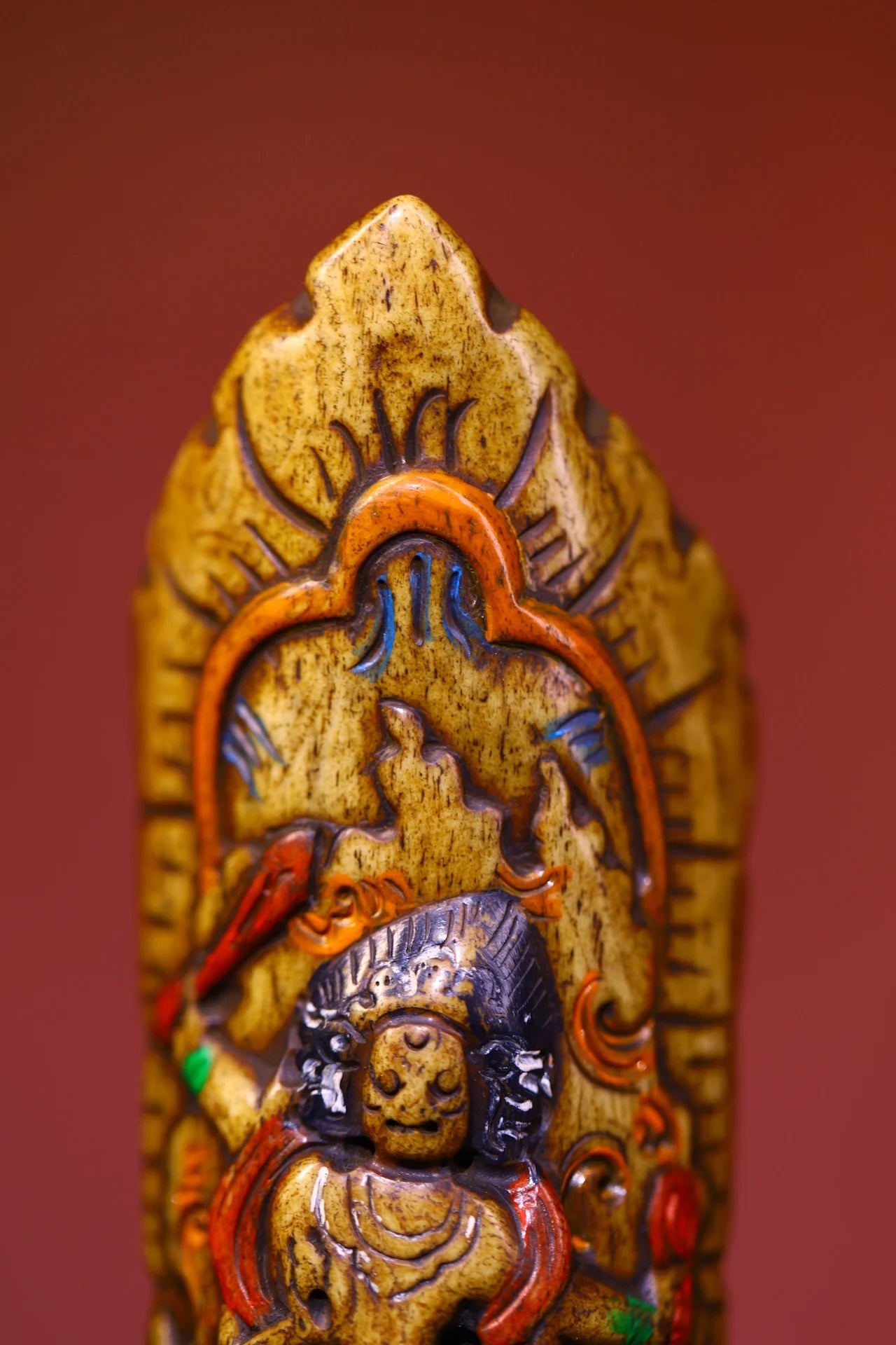 Temple Collection Old Gabala Carving Painted Gabalafo clothing pieces Six arms Mahakala Pendant Amulet  Town house