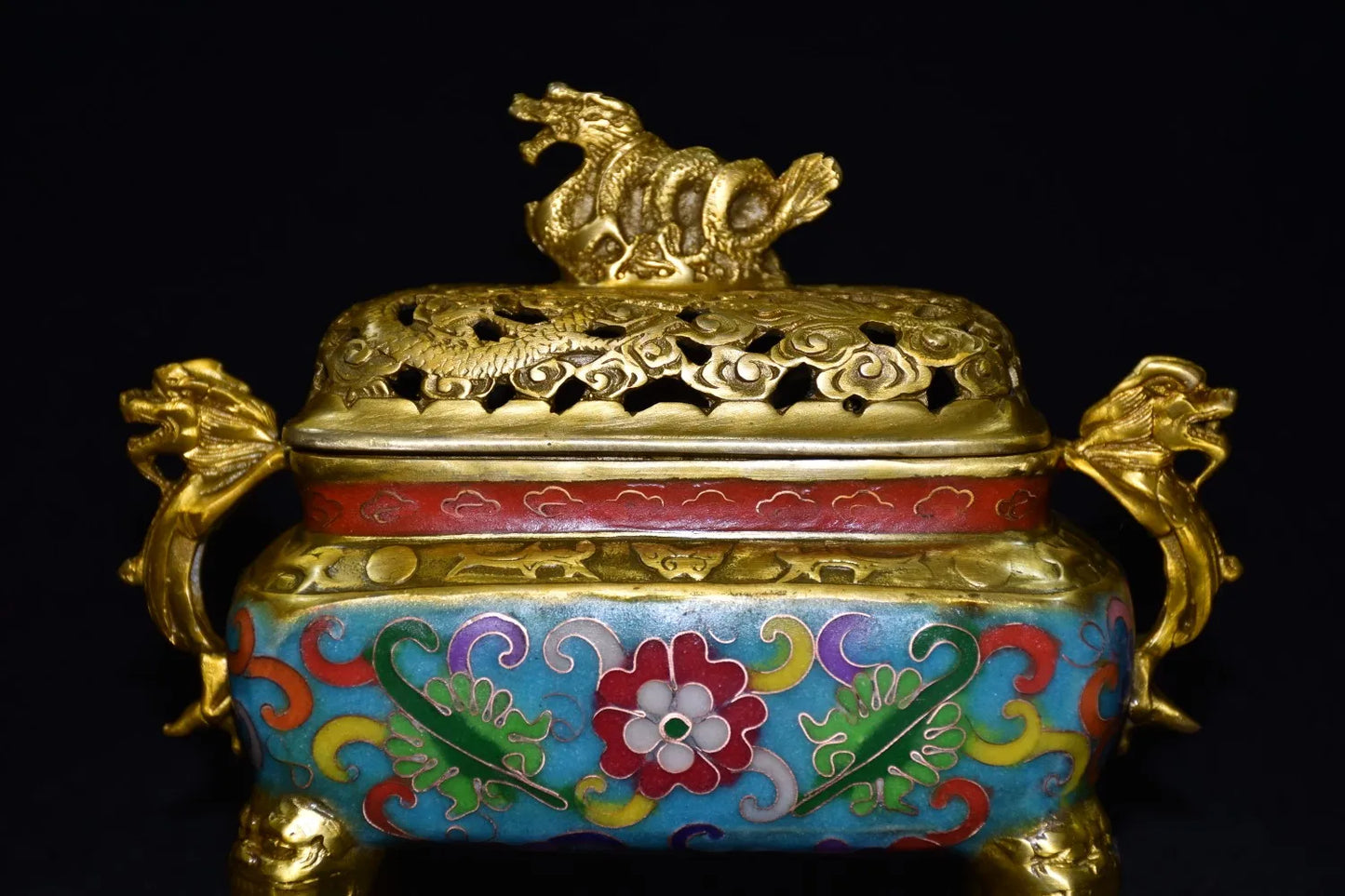 Bronze Cloisonné Dragon-Ear Incense Burner – Quadruped Temple Censer