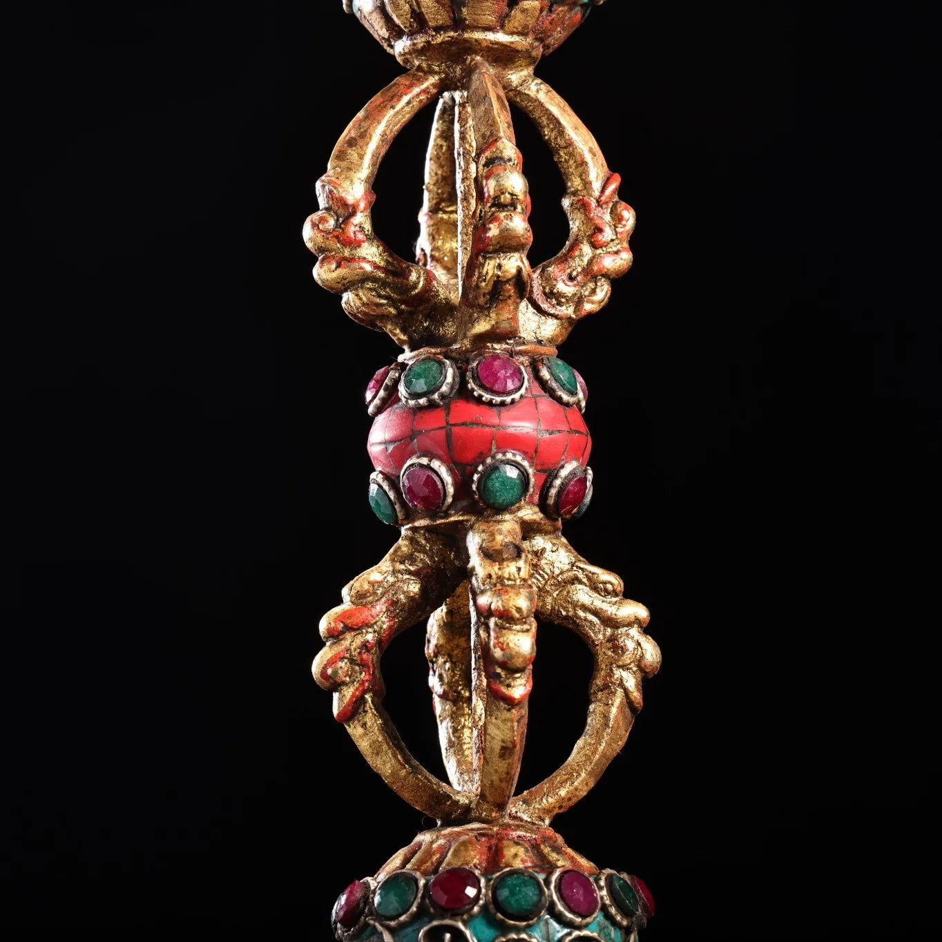 16"Tibetan Temple  Collection Old Bronze Outline in gold Painted Mosaic Gem  Turquoise Hayagriva Dorje Vajra Phurpa Worship Hall