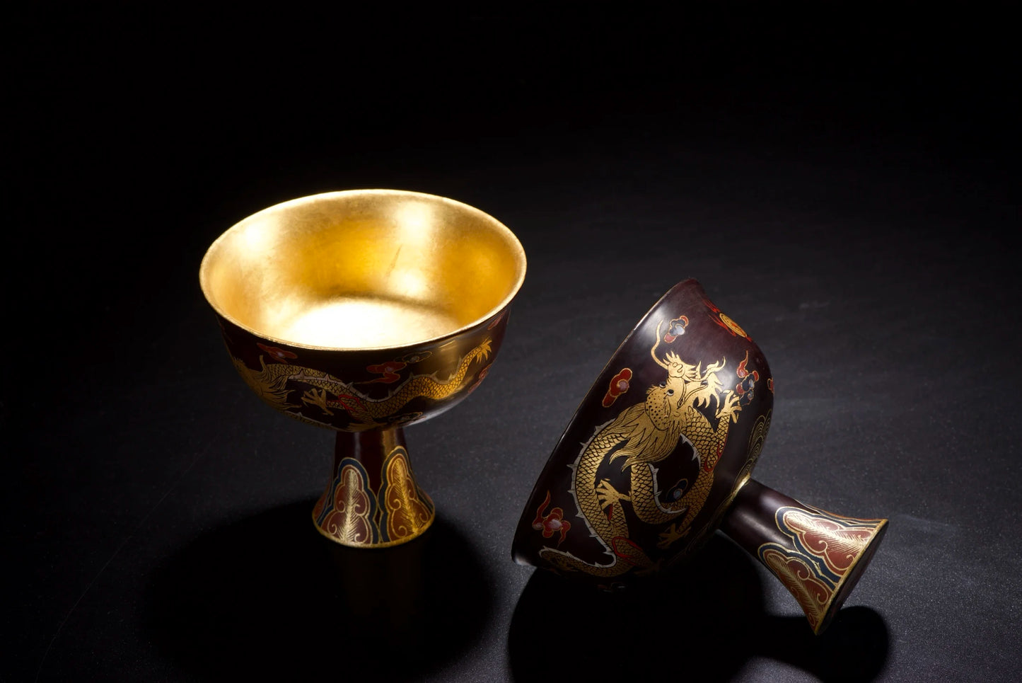 Wood Lacquer Dragon & Flower Holy Grail Cups – Asian Home Decor Wealth Bowls