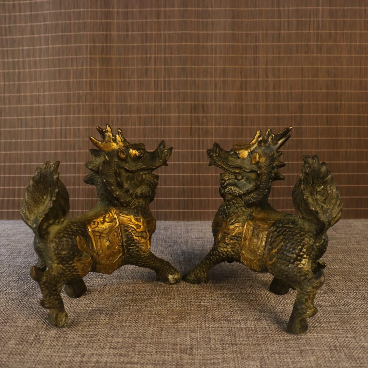 6" Tibetan Temple Collection Old Brass Gilded Kylin Statues (Pair)