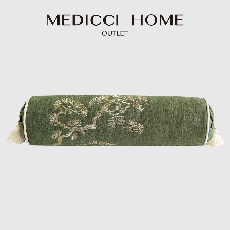 Luxury Bamboo Embroidery Cylindrical Bolster Cover (16×57cm) – Chinoiserie Neck Roll & Daybed Cushion Case