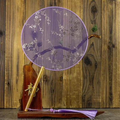 Translucent Silk Chinese Round Hand Fan, Floral, Unisex