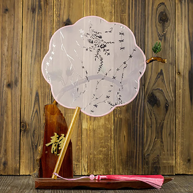 Translucent Silk Chinese Round Hand Fan, Floral, Unisex