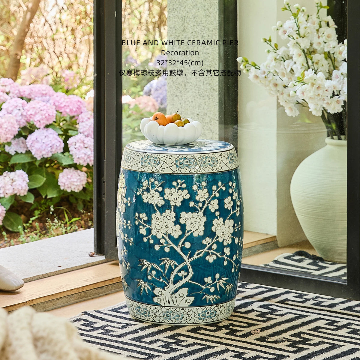New Chinese Hand-Painted Blue & White Porcelain Drum Stool | Plum Blossom Side Table