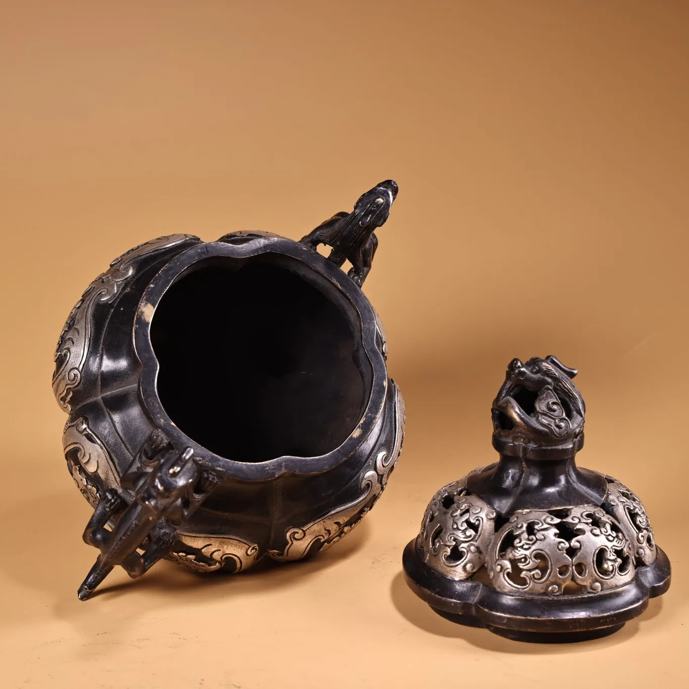 Tibetan Temple Bronze Dragon-Ear Censer – Gilded Silver Three-Legged Incense Burner (8")
