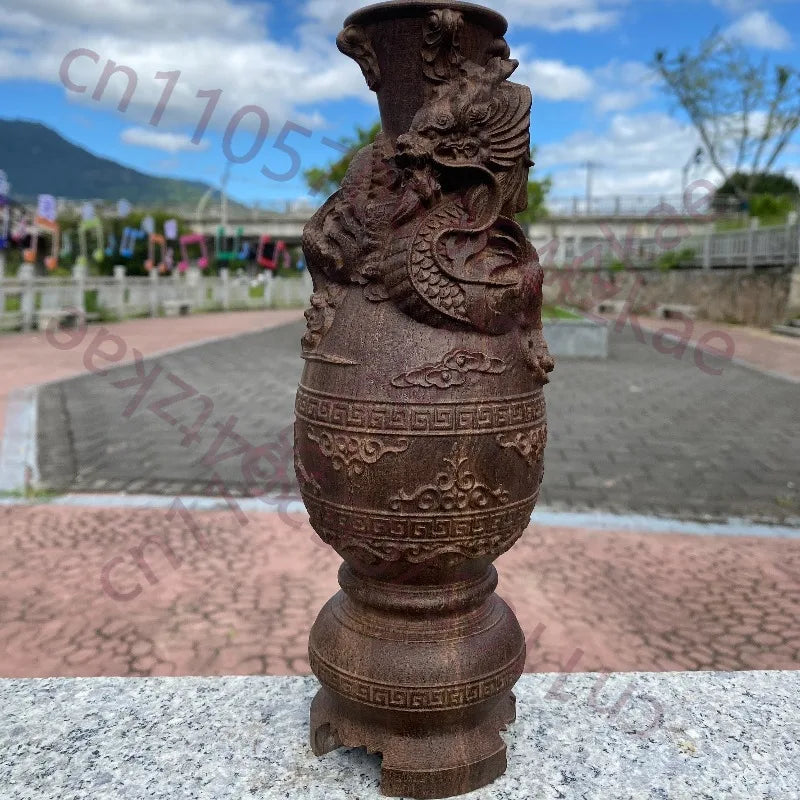 Hand-Carved Vietnamese Agarwood Dragon & Phoenix Vase - 10" Feng Shui Sculpture for Home Decor, Living Room, Office, Gifts