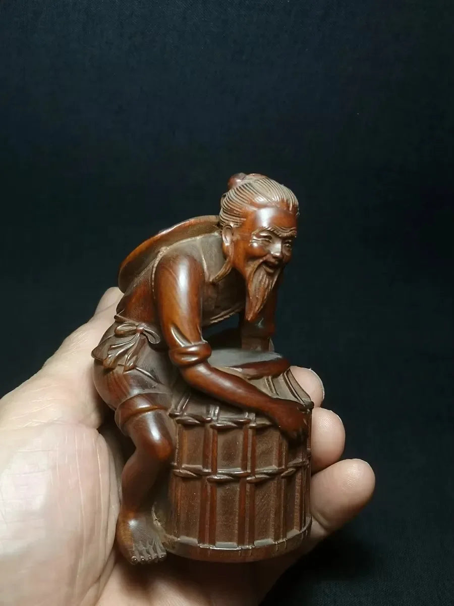 Size 4 Inch Old Japanese Boxwood Hand Carved Old Fisherman Figure Statue Netsuke Collectable