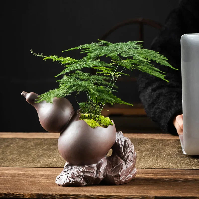 Chinese Purple Clay Gourd Bonsai Pot – Zen Bamboo Landscape Desktop Planter Basin
