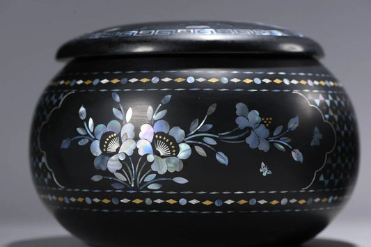 6" Tibetan Temple Mother‑of‑Pearl Inlay Lacquerware Go Can – Floral Chess Jar Pair