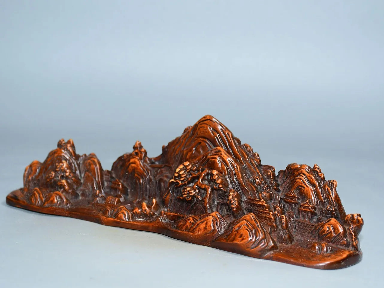 8"Tibetan Temple Collection Old Boxwood scenery Landscape sculptures Pine and Cypress land of idyllic beauty Pen Holder