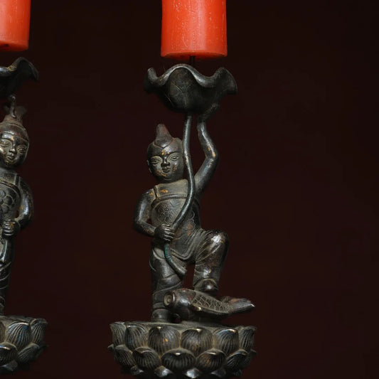 12" Bronze Lotus Candlestick Pair with Cinnabar Finish