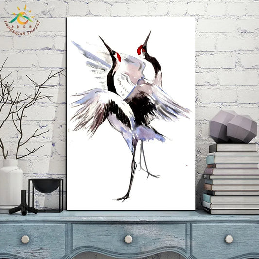 Two Dancing Cranes Artwork – Modern Canvas & Scroll Wall Art