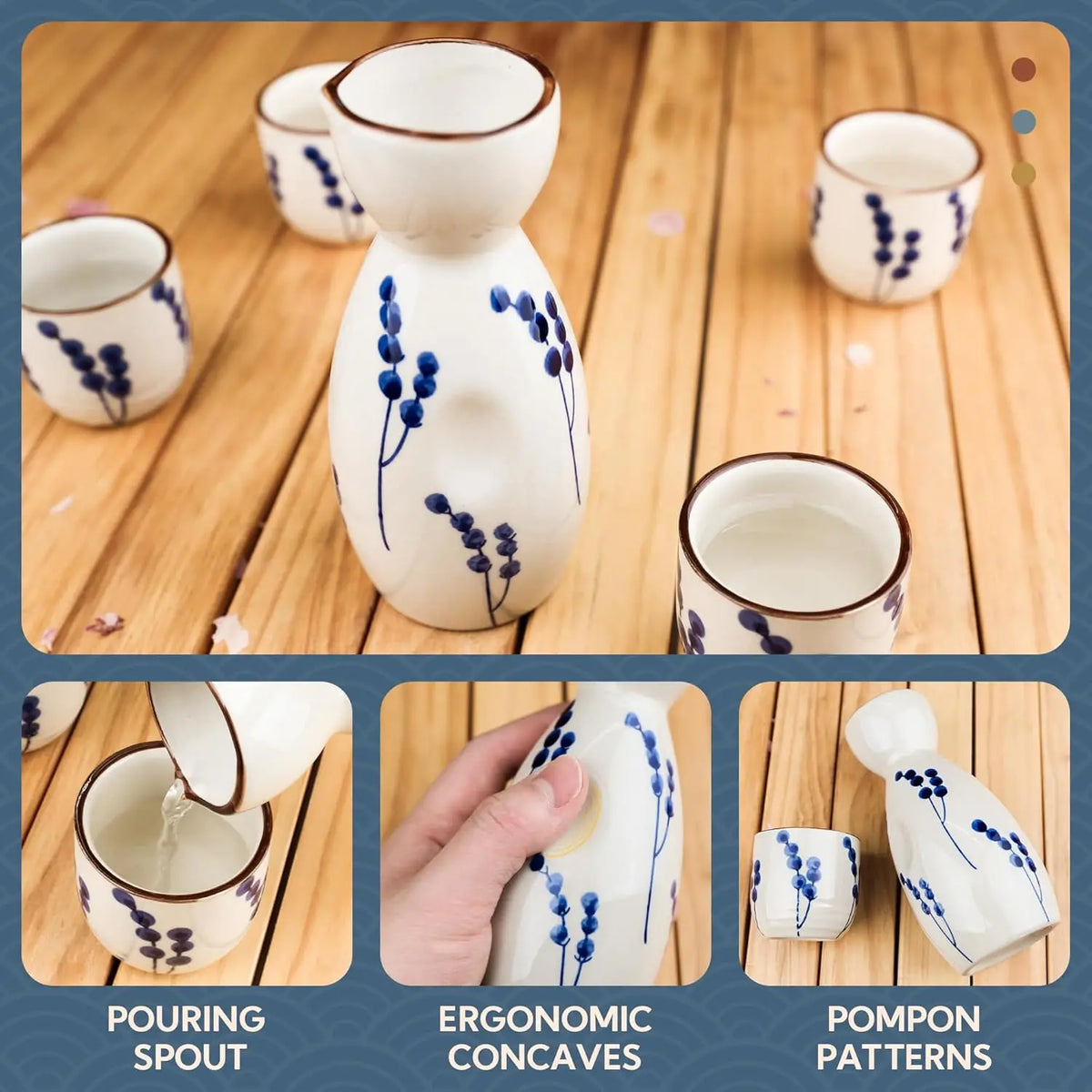 5-Piece Traditional Ceramic Sake Set – 1 Sake Carafe (Tokkuri) & 4 Cups (Ochoko)