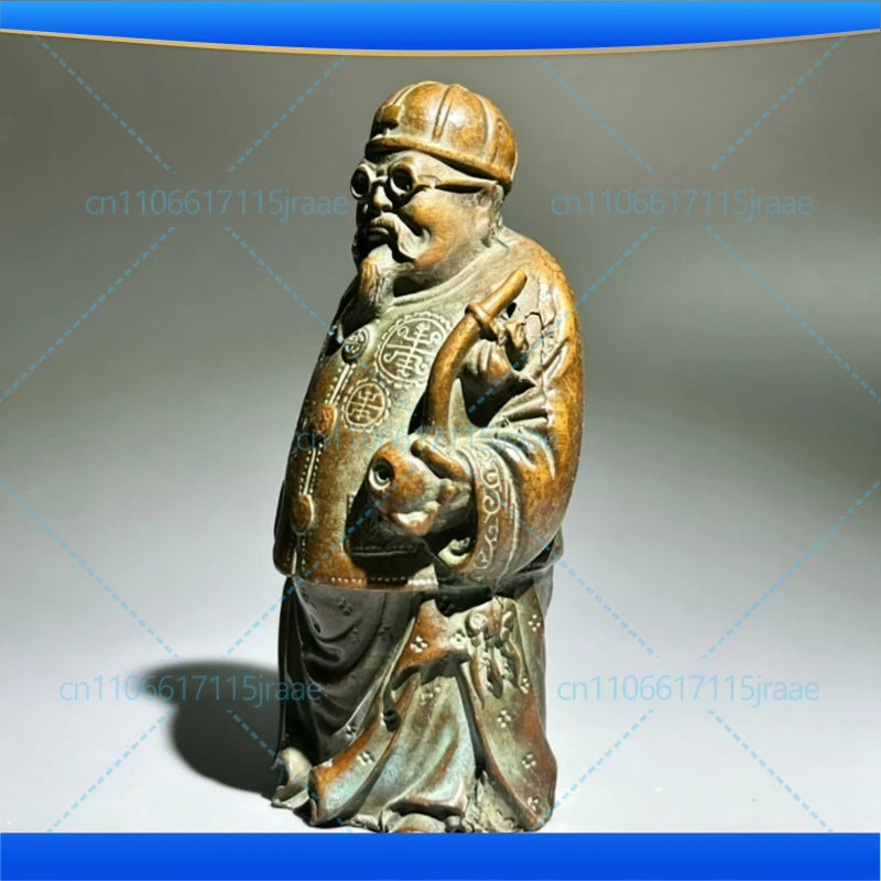 Old Chinese Japanese Boxwood Hand Carved Moneybags Rich Man God of Wealth Statue Netsuke Table Decoration