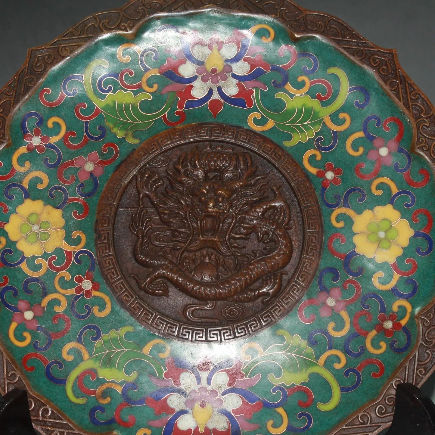 10"Tibetan Temple Collection Old Bronze Cloisonne Enamel Lotus pattern Dragon pattern Plate screen Ornament Town house