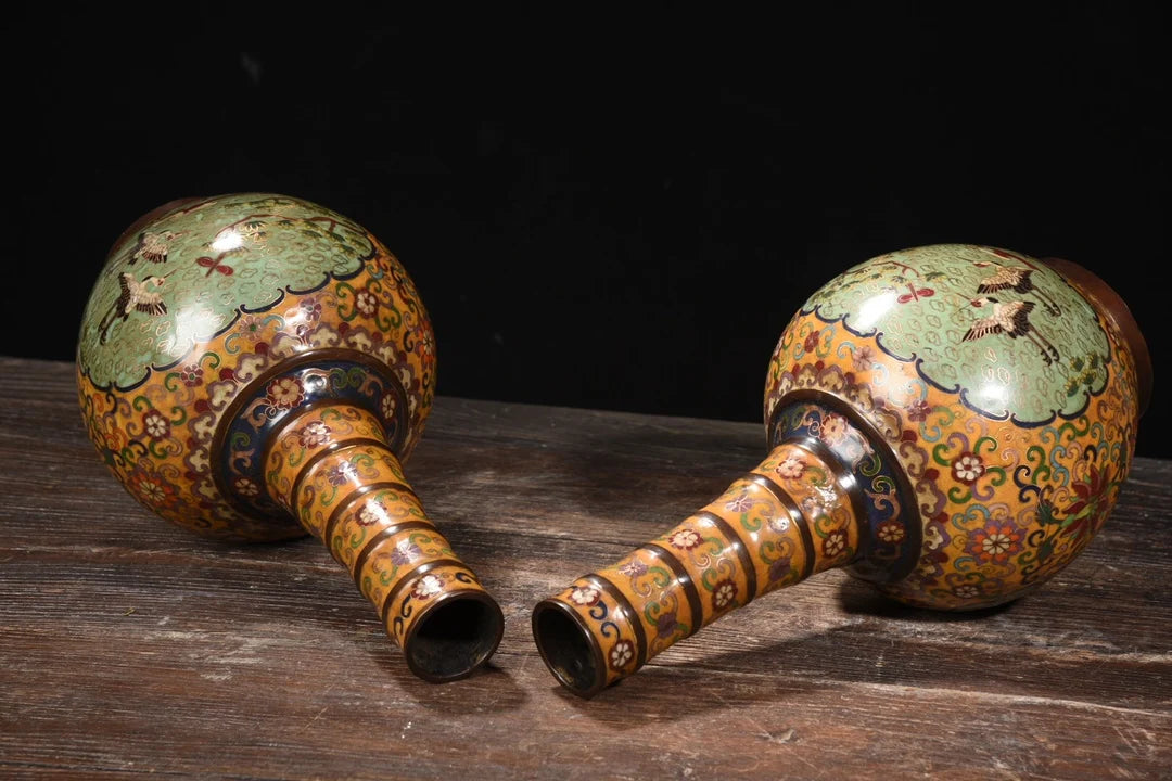 Tibetan Purple Bronze Cloisonné Pine & Crane Vases (Pair, 14")