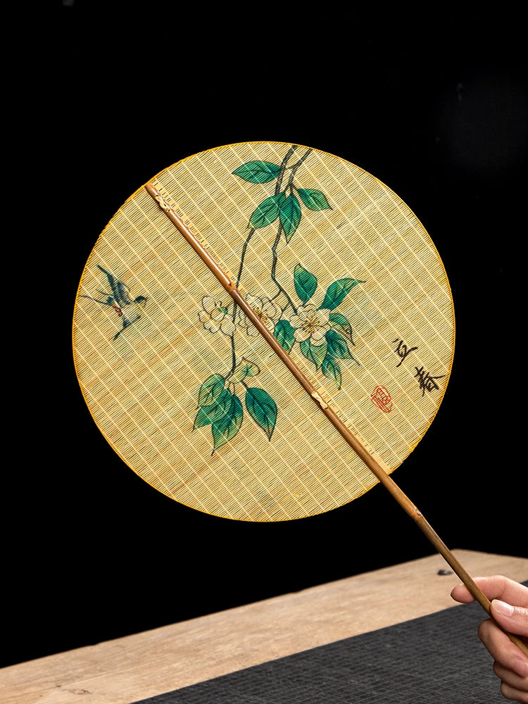 Handmade Bamboo and Silk Round Fan, Japanese Chinese Art