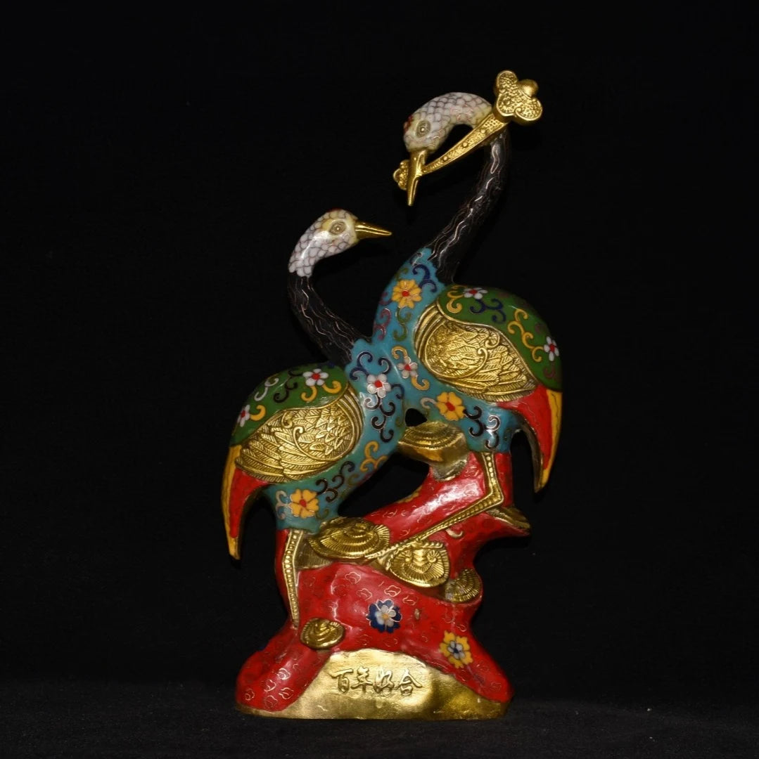 15" Tibet Tempel Sammlung Alt Bronze Cloisonne Emaille Doppelkranich Statue Mandschurenkranich Hundert Jahre Versöhnung