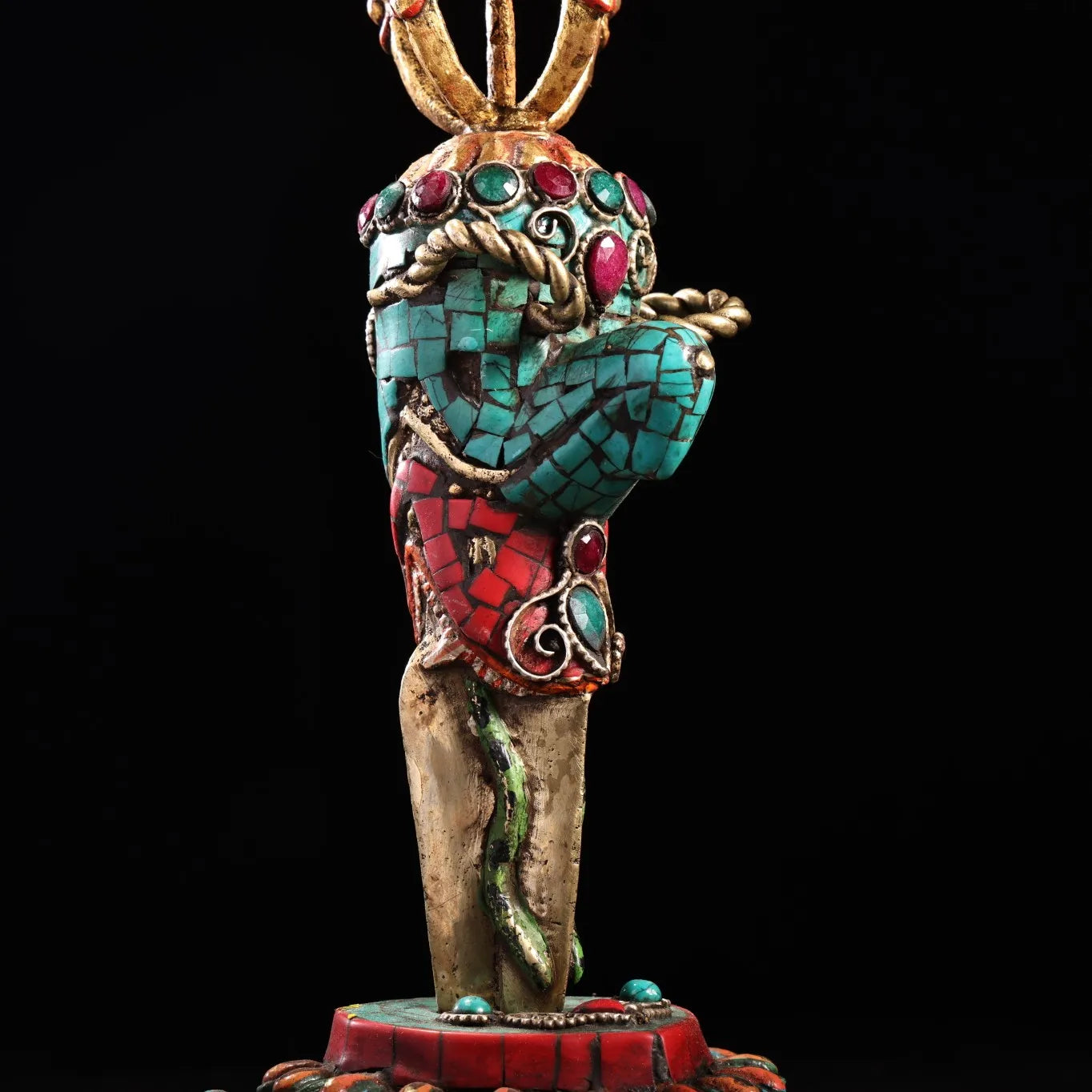 16"Tibetan Temple  Collection Old Bronze Outline in gold Painted Mosaic Gem  Turquoise Hayagriva Dorje Vajra Phurpa Worship Hall