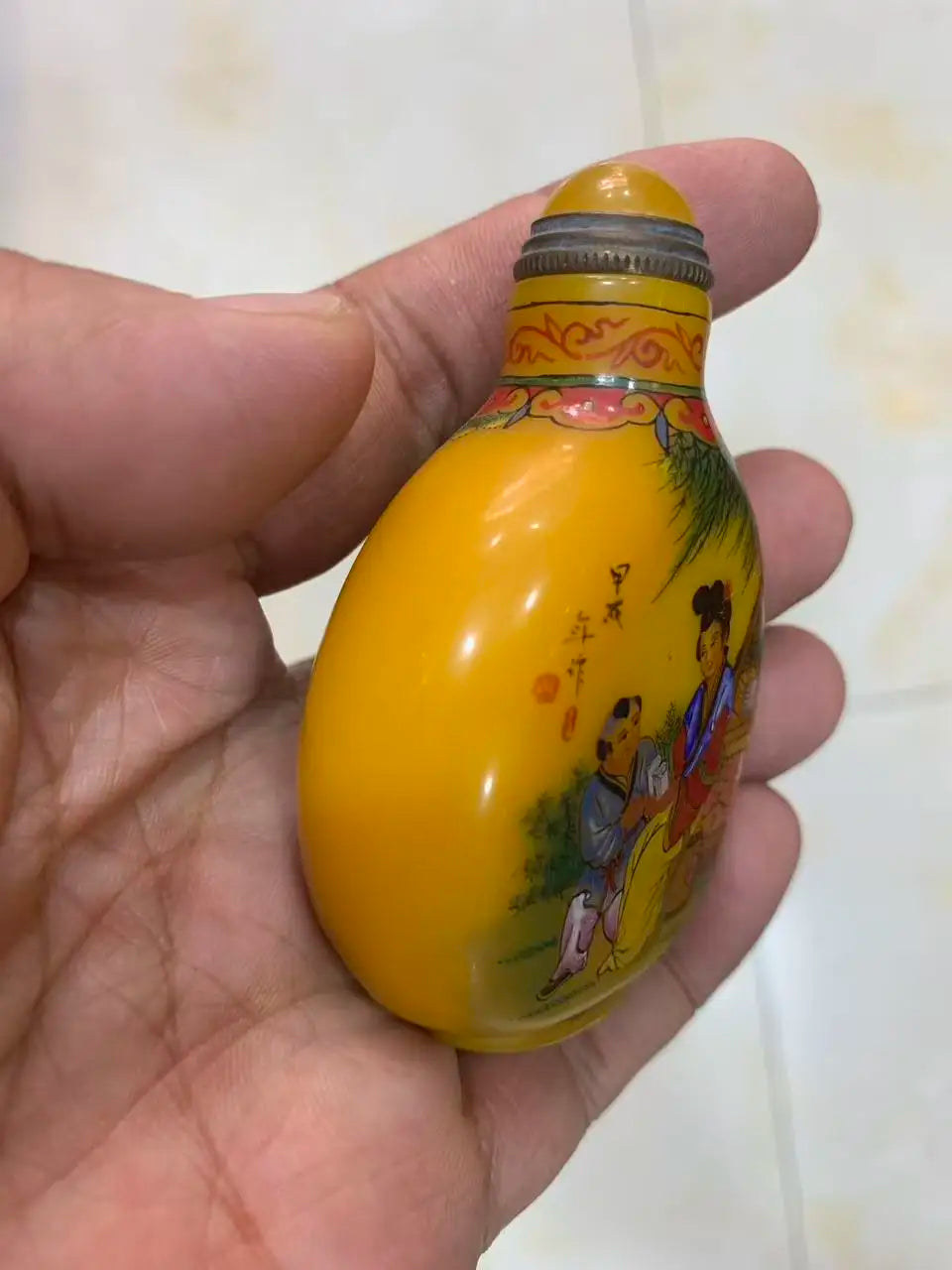 Antique Qing Dynasty Colored Glaze Snuff Bottle, - Mother-son Painting
