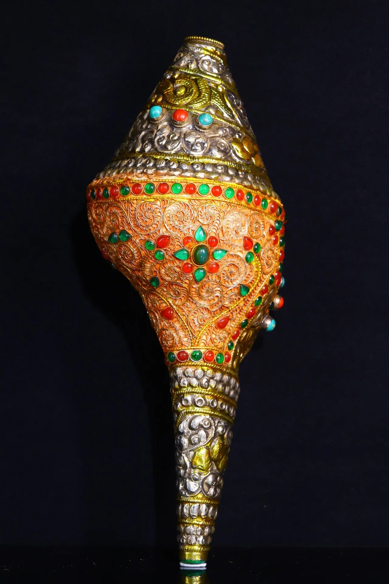 12"Tibetan Temple Collection Old Natural Conch Tibetan silver Gilded Mosaic Gem Conch Amulet Dharma Town house Exorcism