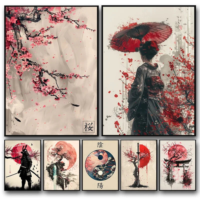Japanese Landscape Samurai Geisha Bonsai Torii Gate Sakura Art Poster Canvas Painting Wall Prints Picture for Room Home Decor